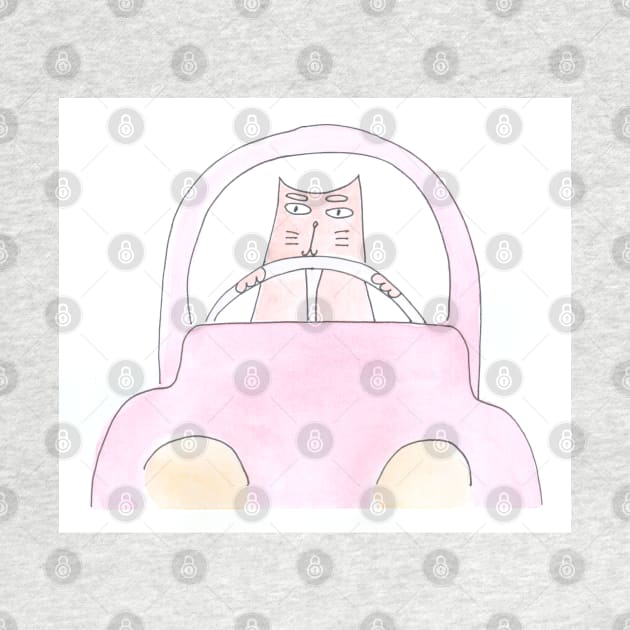 Cat is driving a car. Driver, road, journey. Watercolor illustration humorous. Humor, fun design modern by grafinya